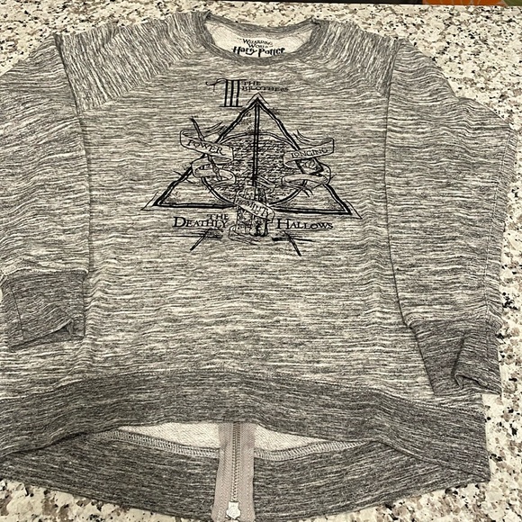 Harry Potter The Deathly Hollows light heathered gray terry-back sweater NWT XS - Picture 2 of 11